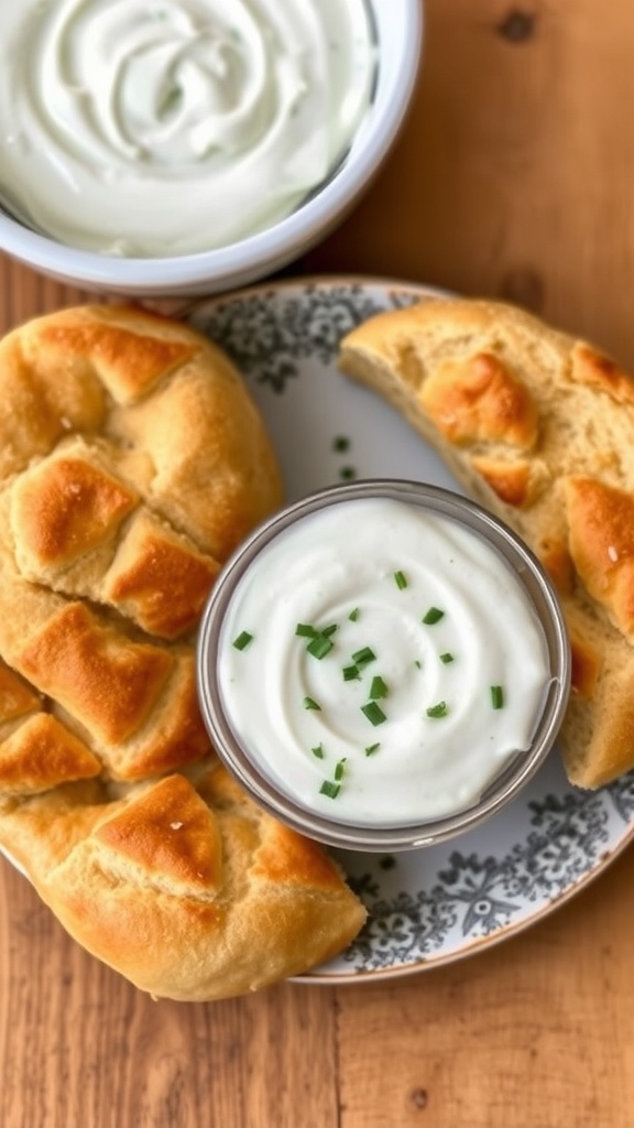 Warm Lebanese bread with a creamy yogurt dip, garnished with herbs, on a rustic wooden table.